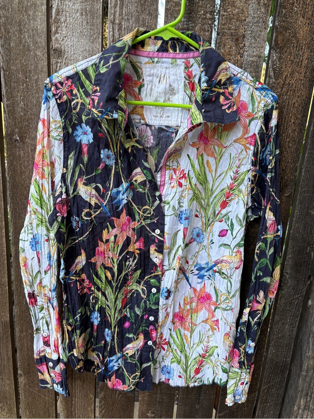 Cino Crinkle Cotton  Multicolor Floral Bird Button Down Shirt Sz L NWOT